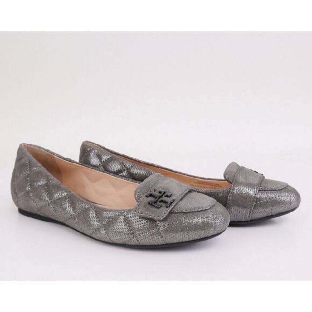 Tory Burch LEILA Quilted‎ Metallic Shimmer Loafers Metallic Pewter Size 7